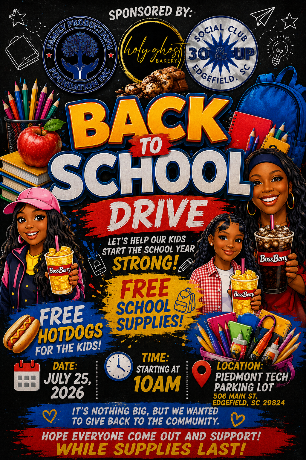 Back to School Drive flyer — July 25, 2026 at Piedmont Tech Parking Lot
